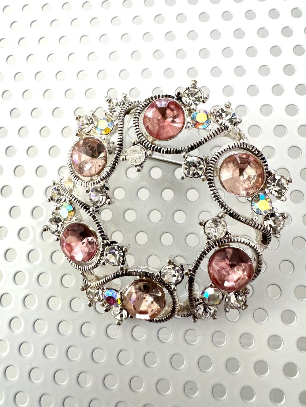 Monet Silver with Pink and Rhinestone Crystals Round Brooch